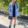 Women’s Oversized Button Up Frayed Hem Shacket Long Sleeve Pockets Denim Jean Jacket
