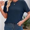 Womens Summer Tops Dressy Casual Crewneck Short Sleeve Shirts Solid Hollow Out Knit Loose Sweater Blouses