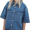 Womens Oversized Short Sleeve Denim Jackets Trendy Cropped Jean Tops Shackets