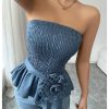 Women's Y2k Strapless Tube Top Sleeveless Smocked Peplum Ruffle 3D Flower Belted Bandeau Tops