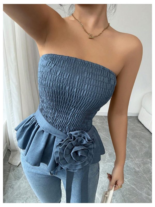 Women's Y2k Strapless Tube Top Sleeveless Smocked Peplum Ruffle 3D Flower Belted Bandeau Tops