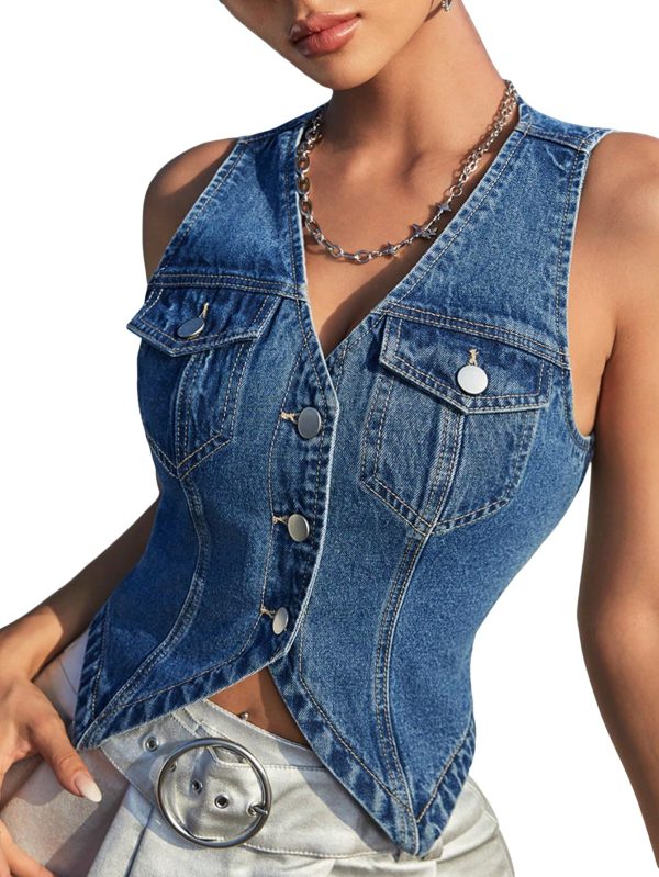 Women's Sleeveless Button Front V Neck Sleeveless Asymmetrical Denim Vest Top
