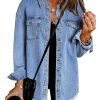 Women’s Oversized Button Up Frayed Hem Shacket Long Sleeve Pockets Denim Jean Jacket