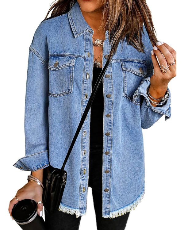 Women’s Oversized Button Up Frayed Hem Shacket Long Sleeve Pockets Denim Jean Jacket