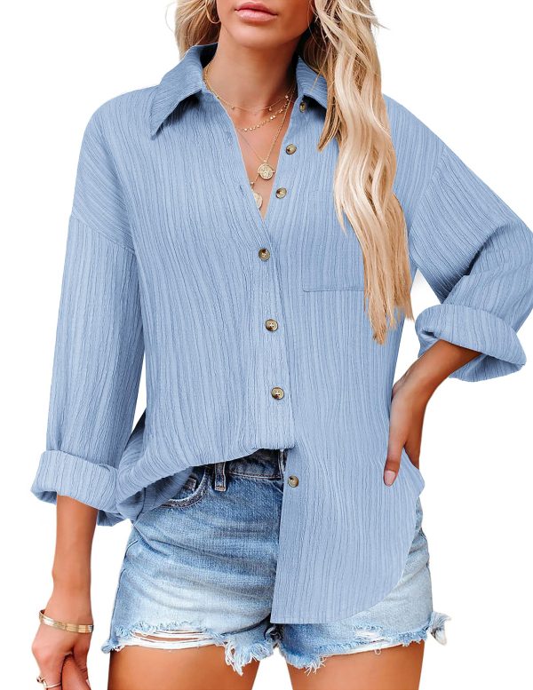 Womens Button Down Shirts Long Sleeve Dress Shirt Textured Collared Work Blouse Dressy Casual Tops with Pocket