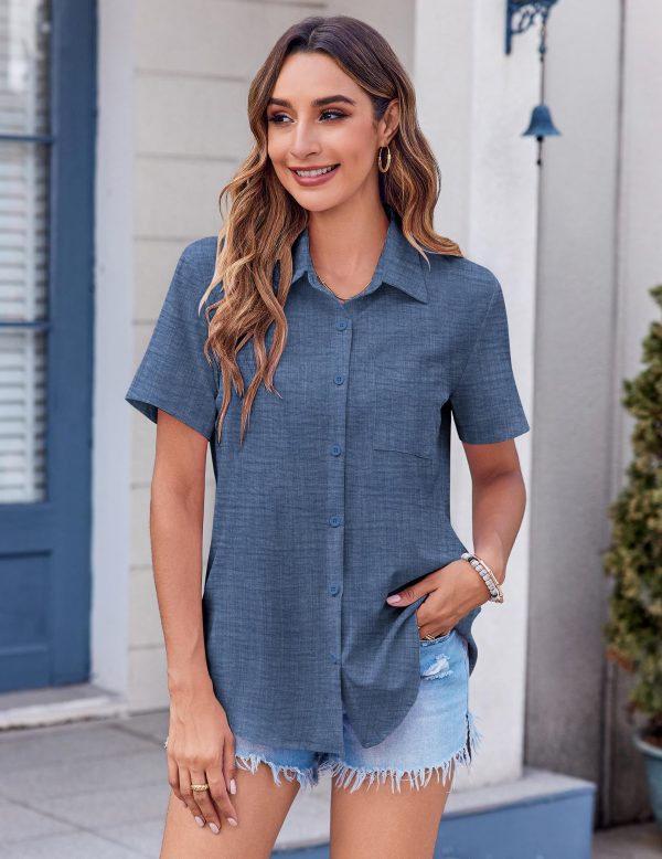 Womens Button Down Shirt Bust Pocket Short Sleeve Blouses Business Casual Work Tops Summer Outfits