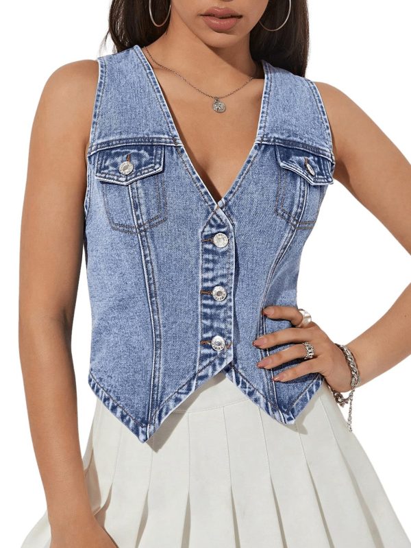 Women's Denim Vest Sleeveless Jean Vest Crop Denim Tank Top Flap Pocket Button Front Y2K Vest 2025