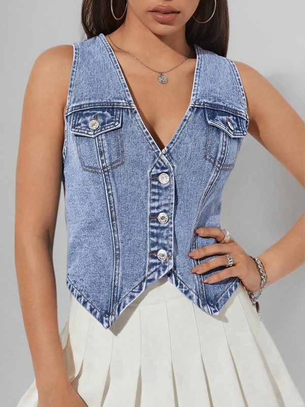 Women's Denim Vest Sleeveless Jean Vest Crop Denim Tank Top Flap Pocket Button Front Y2K Vest 2025