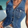 Women's Sleeveless Button Front V Neck Sleeveless Asymmetrical Denim Vest Top