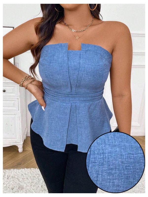 Women's Plus Size Sleeveless Strapless Bandeau Ruffle Hem Denim Tube Tops