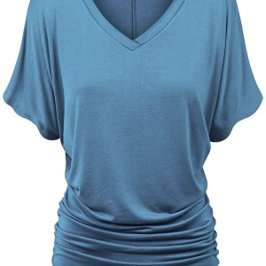 Women's Casual Solid Short Sleeve Boat Neck/V Neck Dolman Top T Shirt with Side Shirring