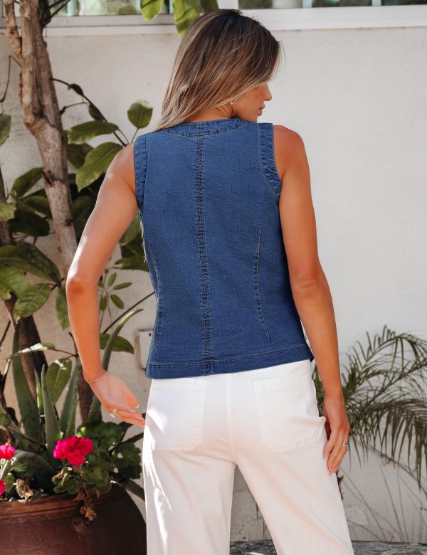 Denim Vest for Women Sleeveless Strechy Jean Vest Top Button Down Crewneck Casual Summer Western Waistcoat