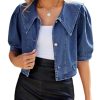 Womens Casual Jacket Cute Short Puff Sleeves Button Down Cropped Jean Denim Jacket Trucker Coat Shirt Top