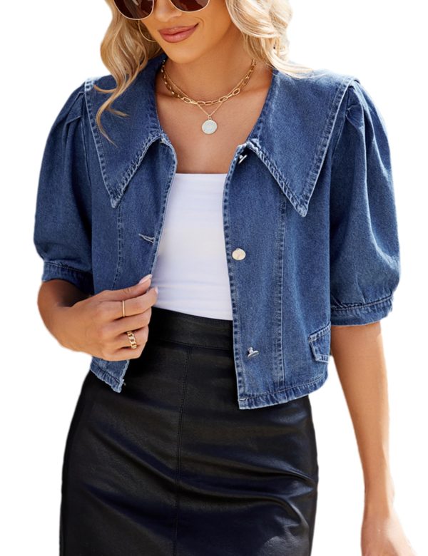 Womens Casual Jacket Cute Short Puff Sleeves Button Down Cropped Jean Denim Jacket Trucker Coat Shirt Top