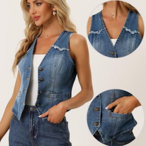 Denim Vest for Women's Sleeveless V Neck Washed Distressed Jean Jacket
