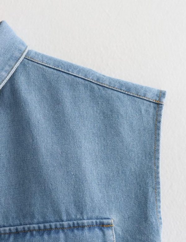 Womens Cropped Button Down Shirt Summer Collared Sleeveless Loose Denim Top with Pockets