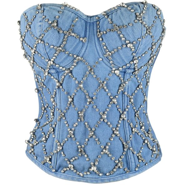 Women's Denim Rhinestone Corset Top Sexy Club Party Jean Bodysuit