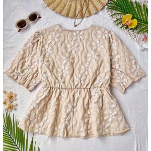 Women's Plus Size Floral Tie Front Peplum Blouse Deep V Neck Puff Half Sleeve Shirts