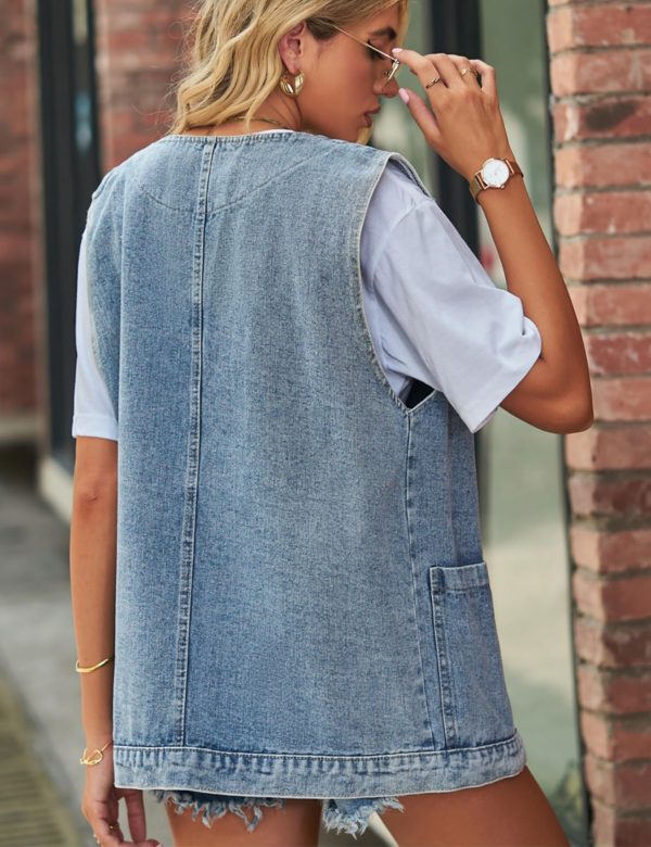 Women's Casual Denim Jean Vest Oversized Sleeveless Mid Long Button Down Jeans Jackets Vests Tops Waistcoat ﻿