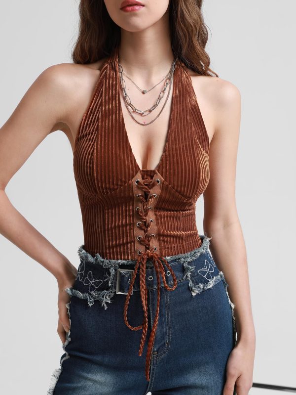Women's Going Out Halter Corset Tops Sleeveless Lace Up Open Back Crop Top