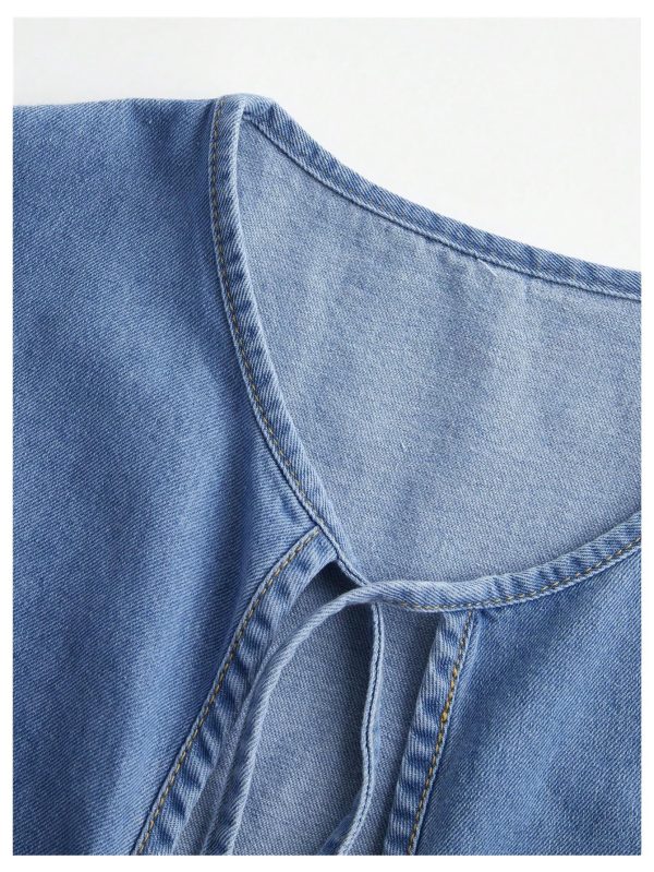 Women's Plus Size Denim Vest Bowknot Crew Neck Sleeveless Ruffle Hem Y2K Jean Vest Jacket