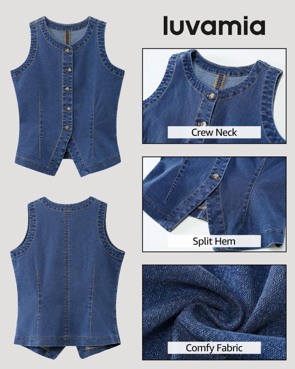 Denim Vest for Women Sleeveless Strechy Jean Vest Top Button Down Crewneck Casual Summer Western Waistcoat