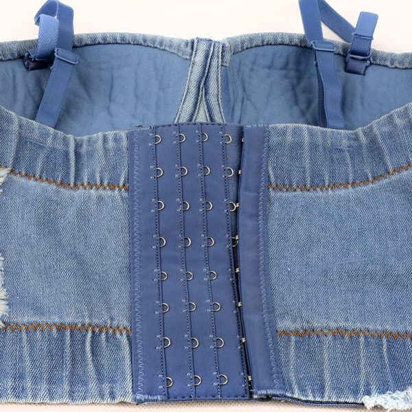 Women's Denim Bustier Crop Top Jean Corset Top Bra with Detachable Straps