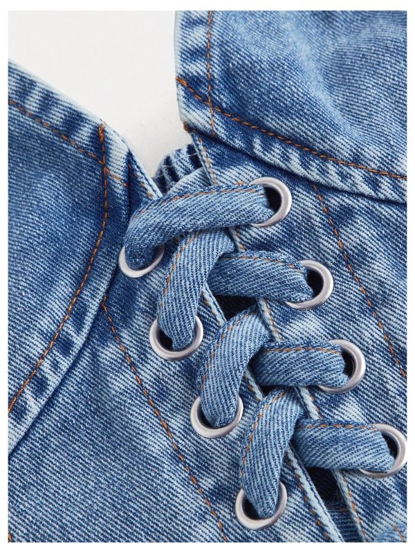 Women's Denim Top Lace Up Sleeveless Halter V Neck Backless Y2K Denim Crop Top Vest