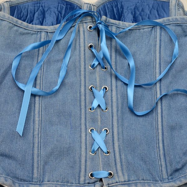 Women's Denim Rhinestone Corset Top Sexy Club Party Jean Bodysuit