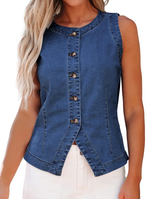 Denim Vest for Women Sleeveless Strechy Jean Vest Top Button Down Crewneck Casual Summer Western Waistcoat