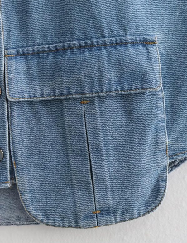 Womens Cropped Button Down Shirt Summer Collared Sleeveless Loose Denim Top with Pockets