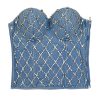 Women's Denim Rhinestone Corset Top Sexy Club Party Jean Bodysuit