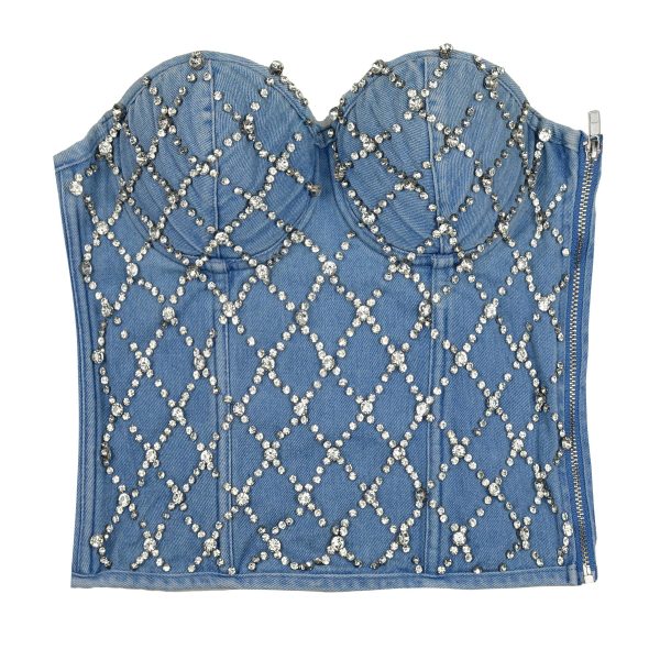 Women's Denim Rhinestone Corset Top Sexy Club Party Jean Bodysuit